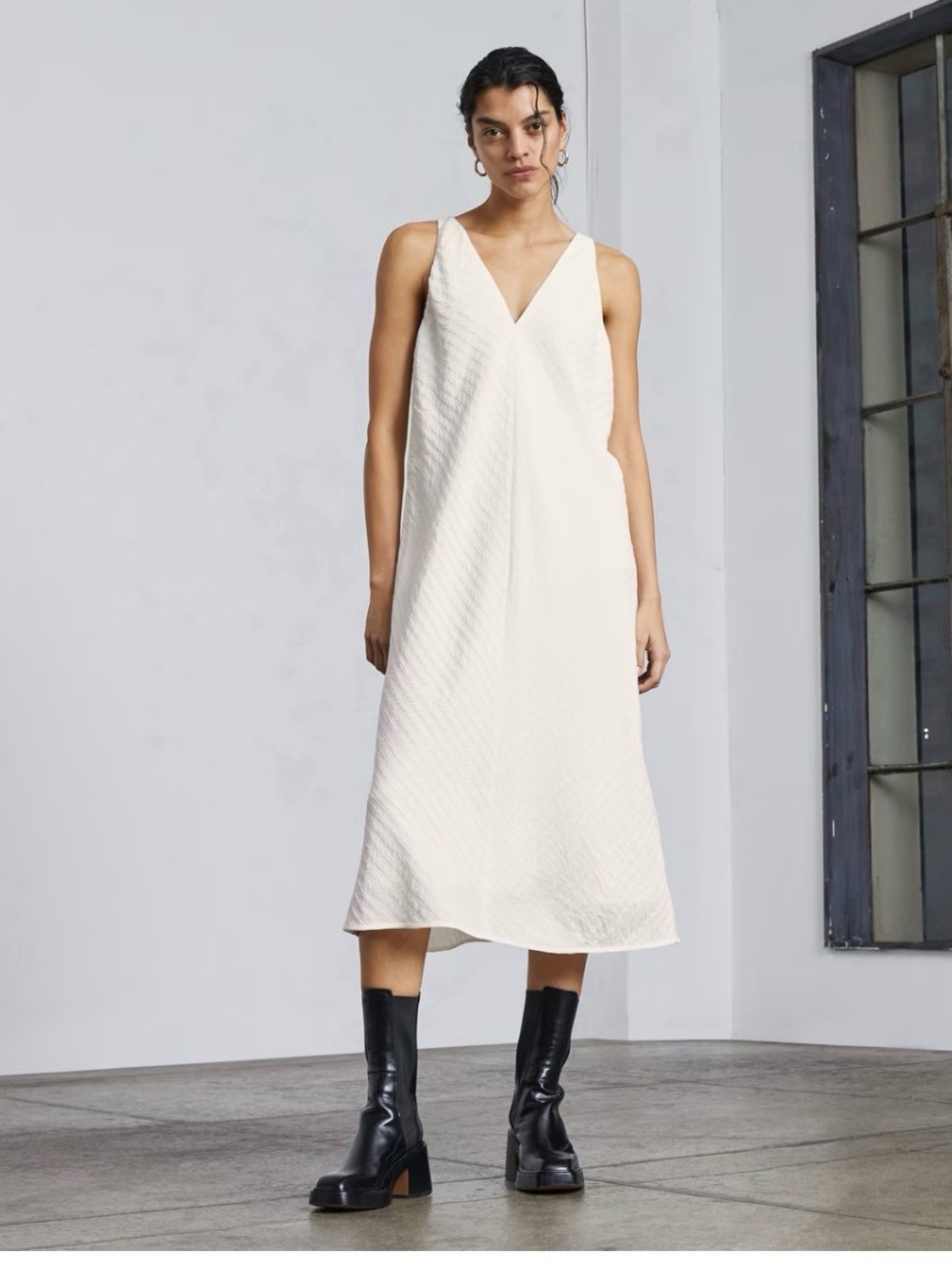 Everlane Cream Silk-Look V-Neck Slip Dress